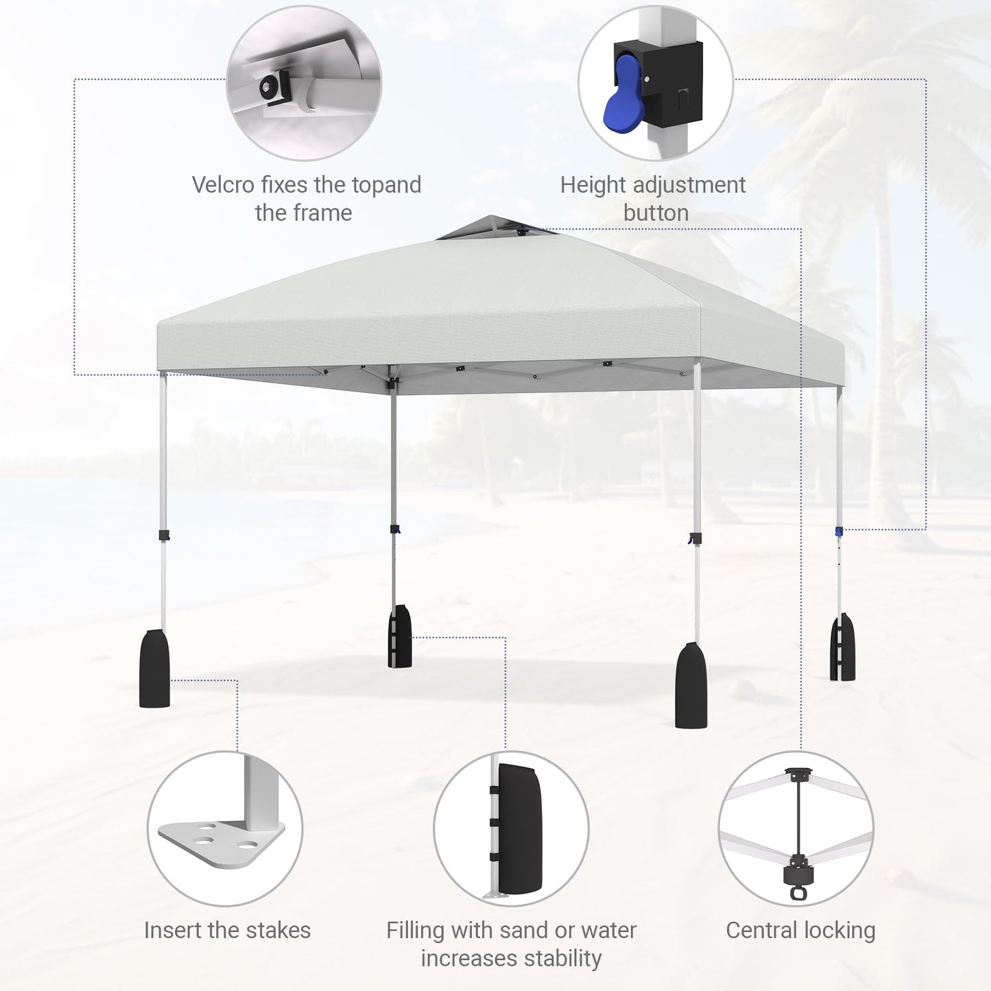 10x10 Pop Up Canopy - Instant Setup Beach Tent with Wheeled Carry Bag, 8 Sandbags & 4 Guy Lines - Portable Sun Shade for Camping, Events, Silver Coated Top, White