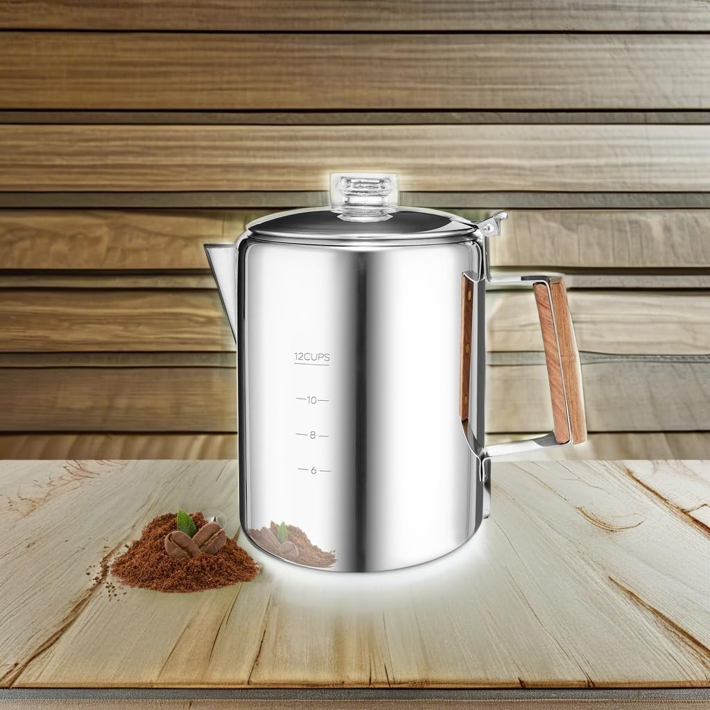 MEREZA Camping Coffee Pot Stovetop Coffee Maker Percolator Campfire Coffee Pot Stainless Steel Coffee Pot Camping Outdoors Home 9 Cup No Aluminum & Plastic Fast Brew