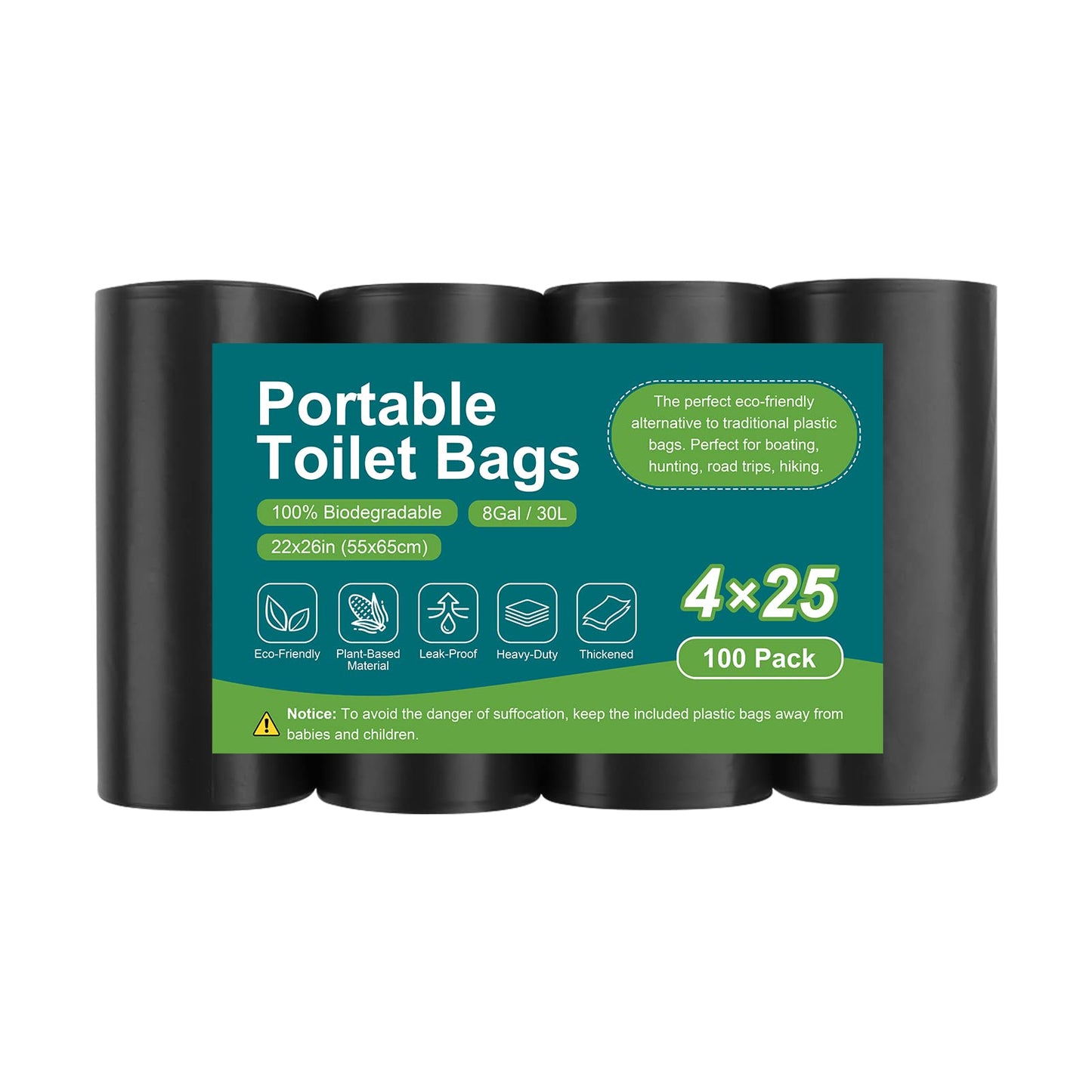 100 Portable Toilet Bags, Drawstring Biodegradable Camping Potty Bags 8 Gallon Waste Bags for 5-8 Gallon Bucket Toilet Adults Outdoor Camping Car