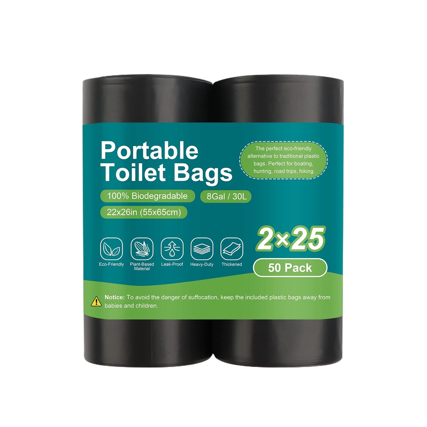 100 Portable Toilet Bags, Drawstring Biodegradable Camping Potty Bags 8 Gallon Waste Bags for 5-8 Gallon Bucket Toilet Adults Outdoor Camping Car