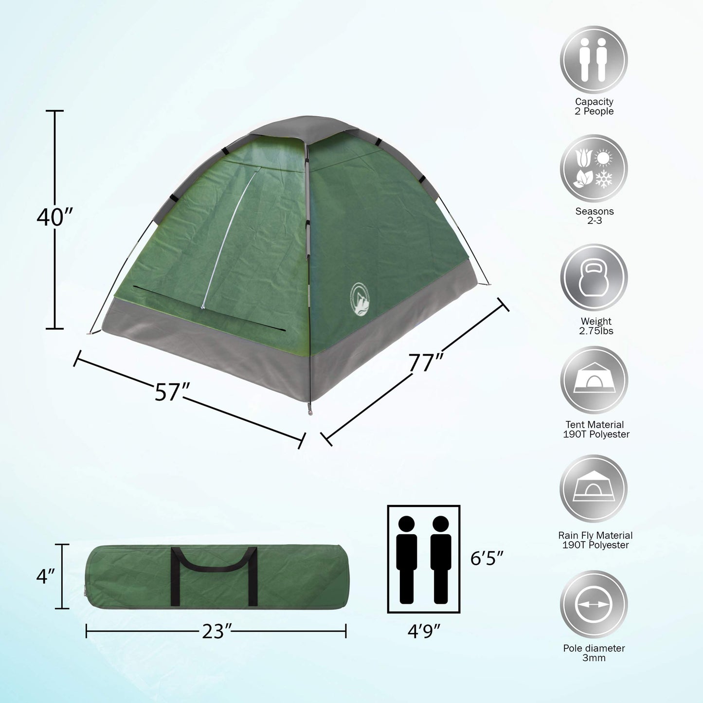 2-Person Dome Tent – Easy Set Up Shelter with Rain Fly and Carrying Bag for Camping