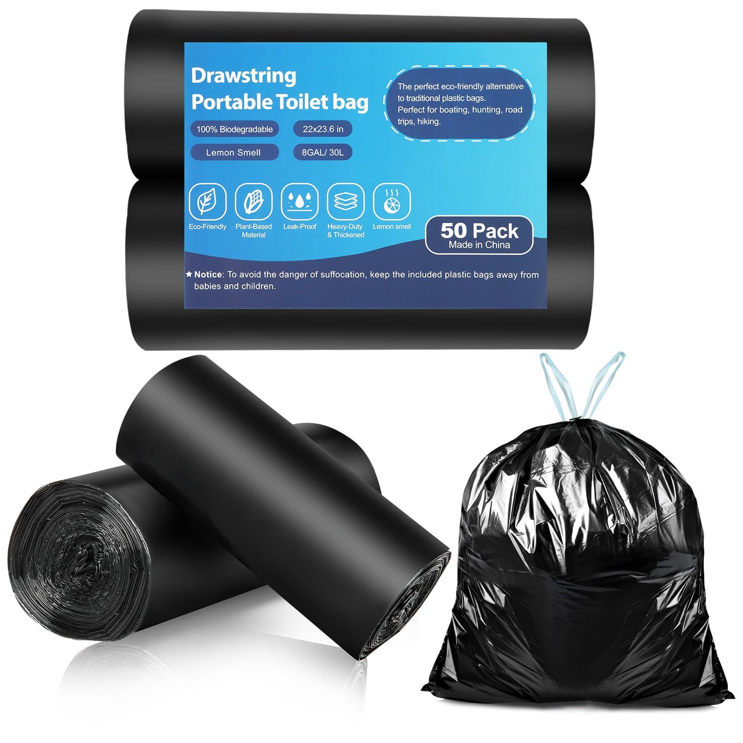 100 Portable Toilet Bags, Drawstring Biodegradable Camping Potty Bags 8 Gallon Waste Bags for 5-8 Gallon Bucket Toilet Adults Outdoor Camping Car