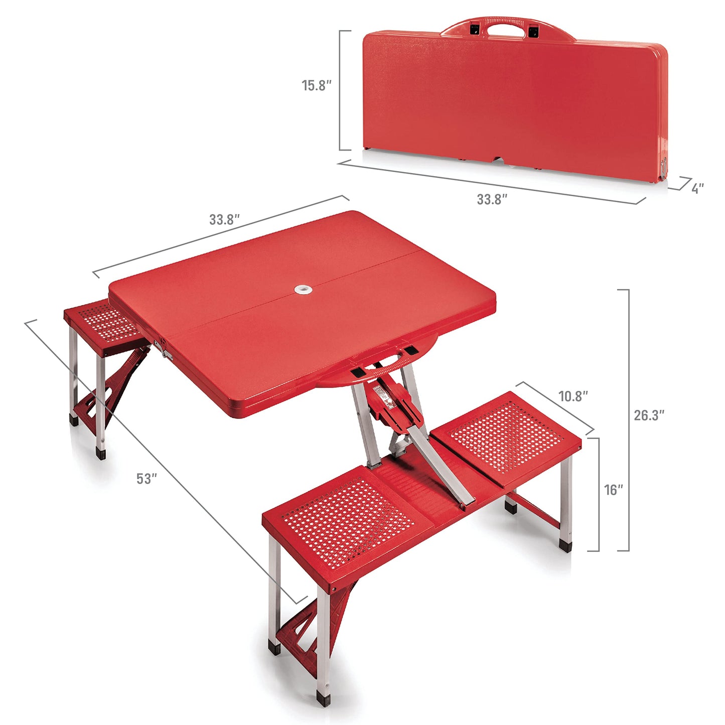 PICNIC TIME Portable Folding Picnic Table with Seats for 4, Collapsible Aluminum Table with Benches & Umbrella Hole, Lightweight Foldable Table for Camping, Travel, Backyard, Tailgating (Red)