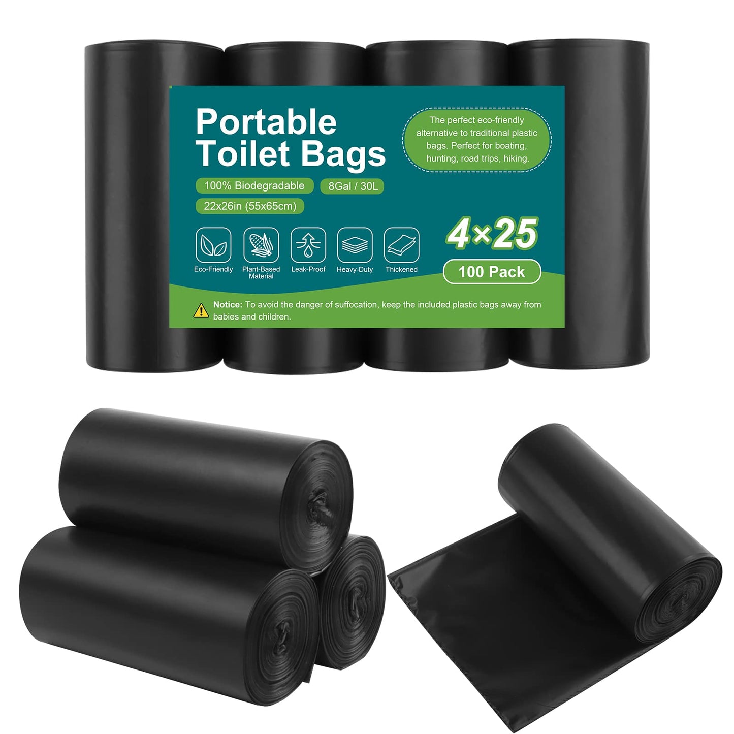 100 Portable Toilet Bags, Drawstring Biodegradable Camping Potty Bags 8 Gallon Waste Bags for 5-8 Gallon Bucket Toilet Adults Outdoor Camping Car