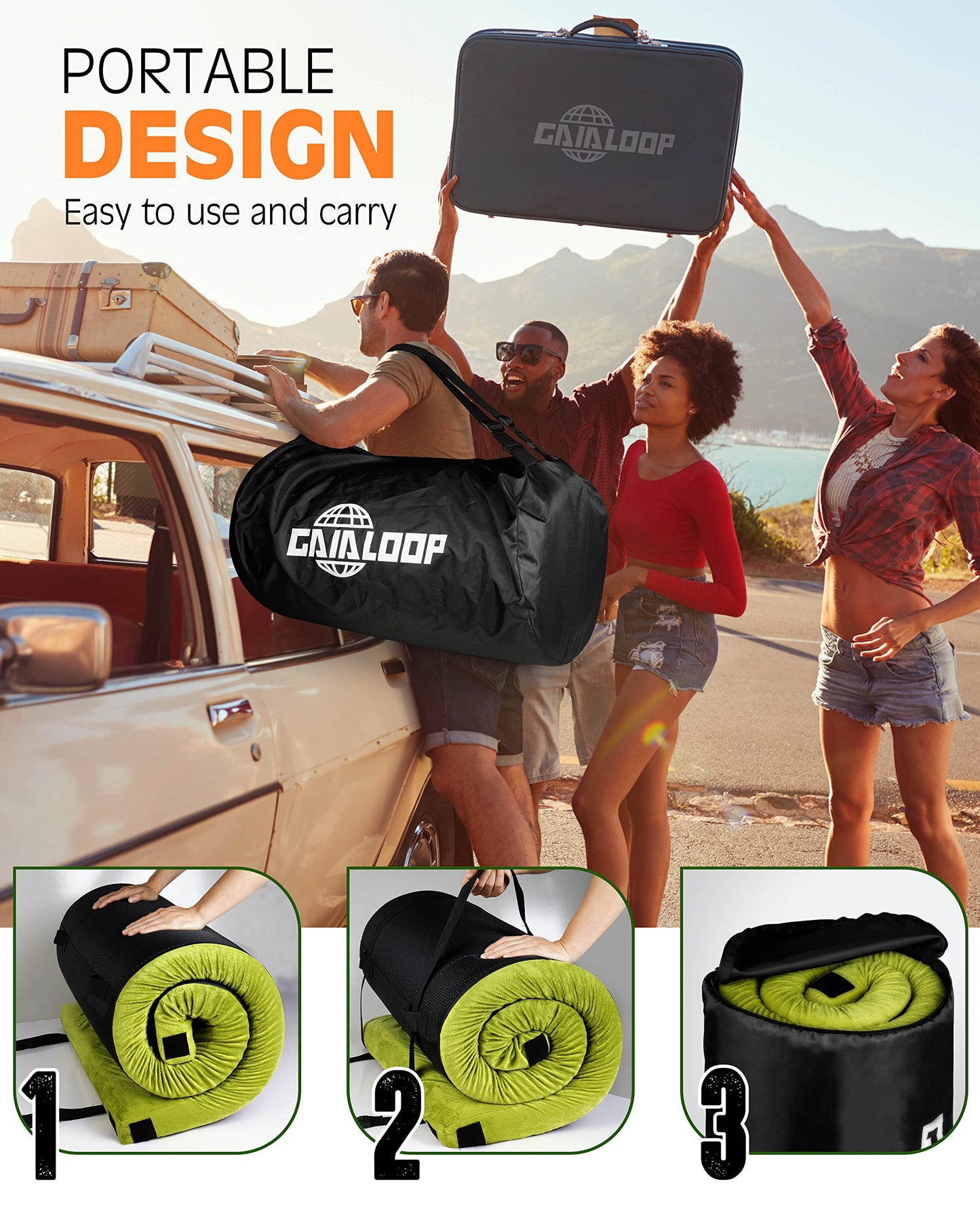 4 Inch GAIALOOP Extra Thick Memory Foam Camping Mattress, Roll Up Floor Sleeping Mat Camp Cot Mattress Pad Travel Camping Couch Bed for Guest Adults Side Sleepers