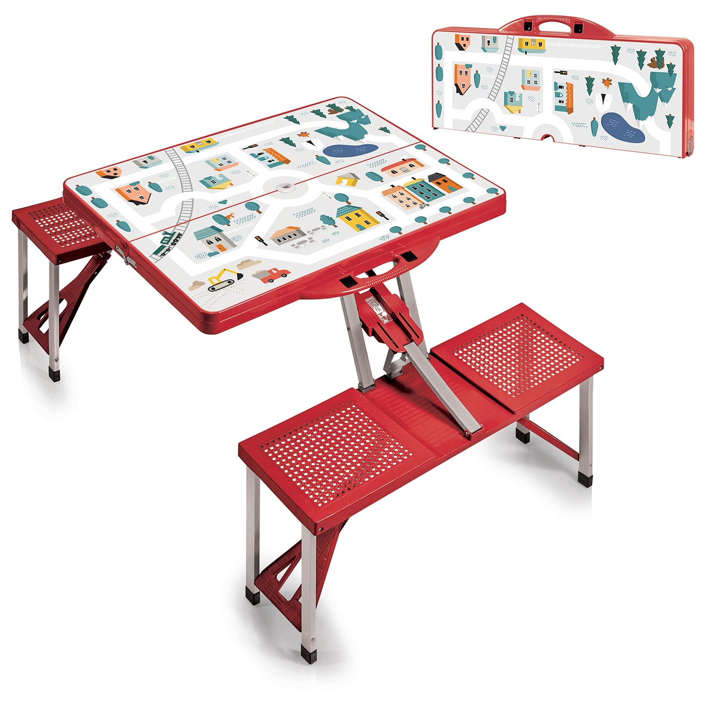 PICNIC TIME Portable Folding Picnic Table with Seats for 4, Collapsible Aluminum Table with Benches & Umbrella Hole, Lightweight Foldable Table for Camping, Travel, Backyard, Tailgating (Red)