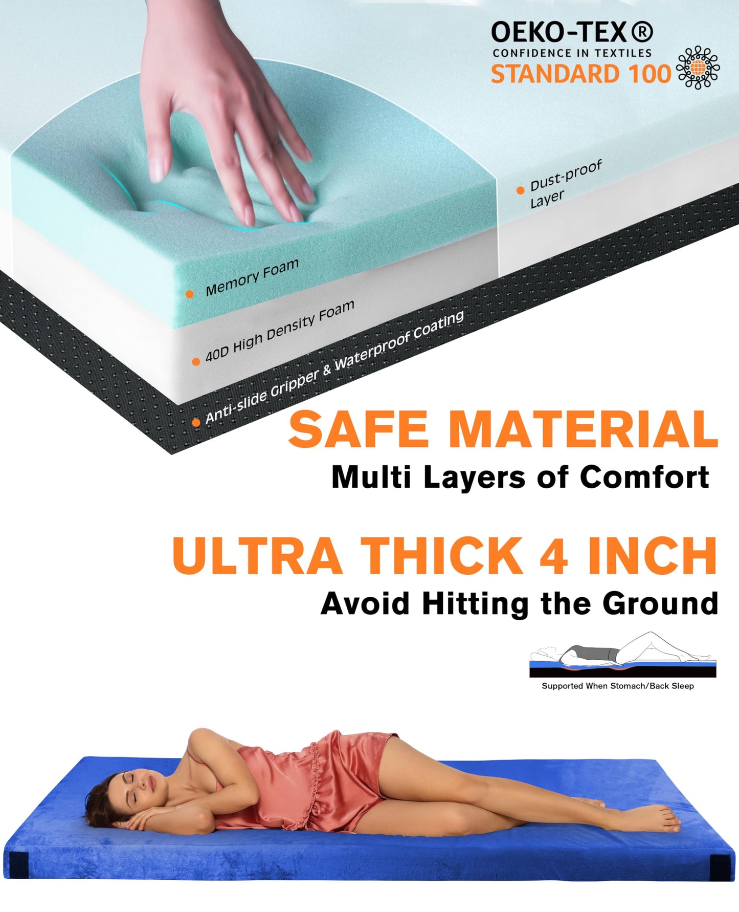 4 Inch GAIALOOP Extra Thick Memory Foam Camping Mattress, Roll Up Floor Sleeping Mat Camp Cot Mattress Pad Travel Camping Couch Bed for Guest Adults Side Sleepers
