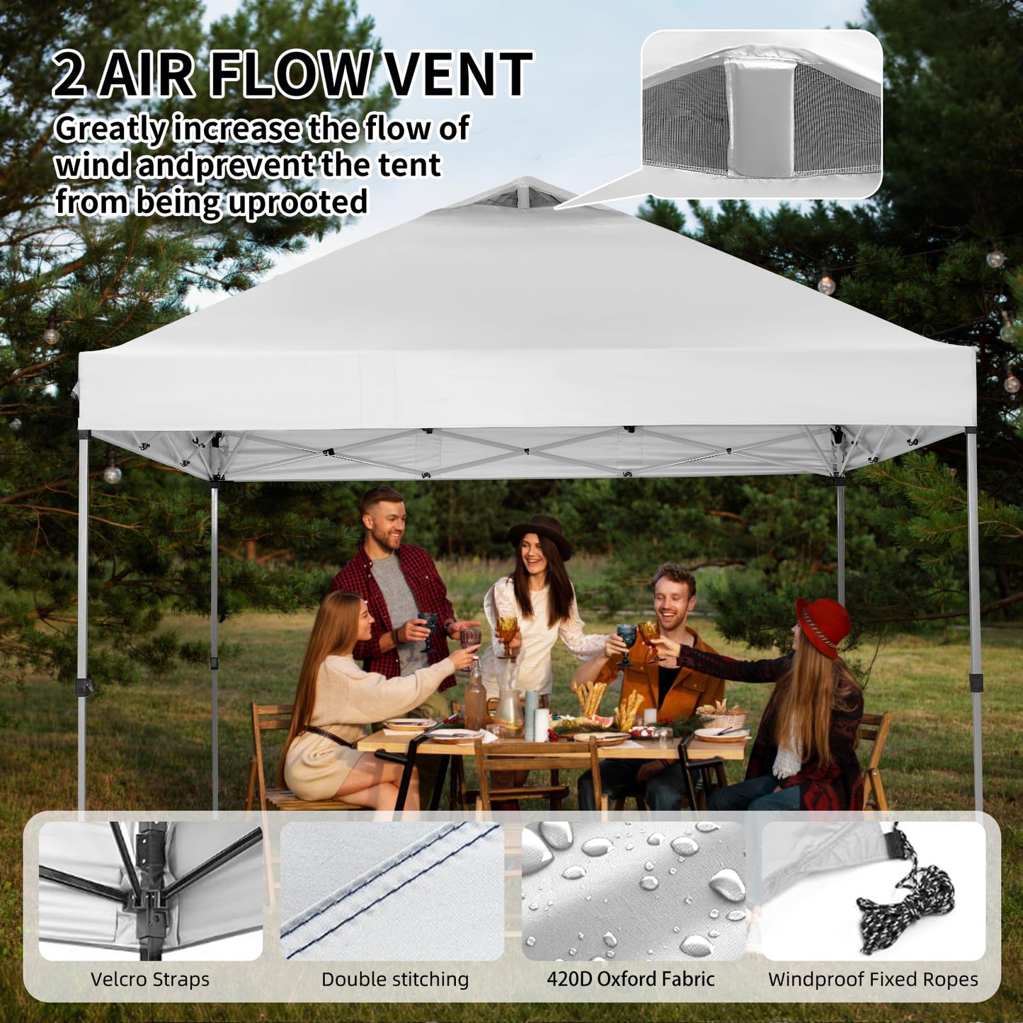 10x10 Canopy Replacement Top, Pop Up Tent with Air Vent for Straight Leg Frame, Waterproof with Windproof Ropes for Garden Patio Camping (Top Only) (White)