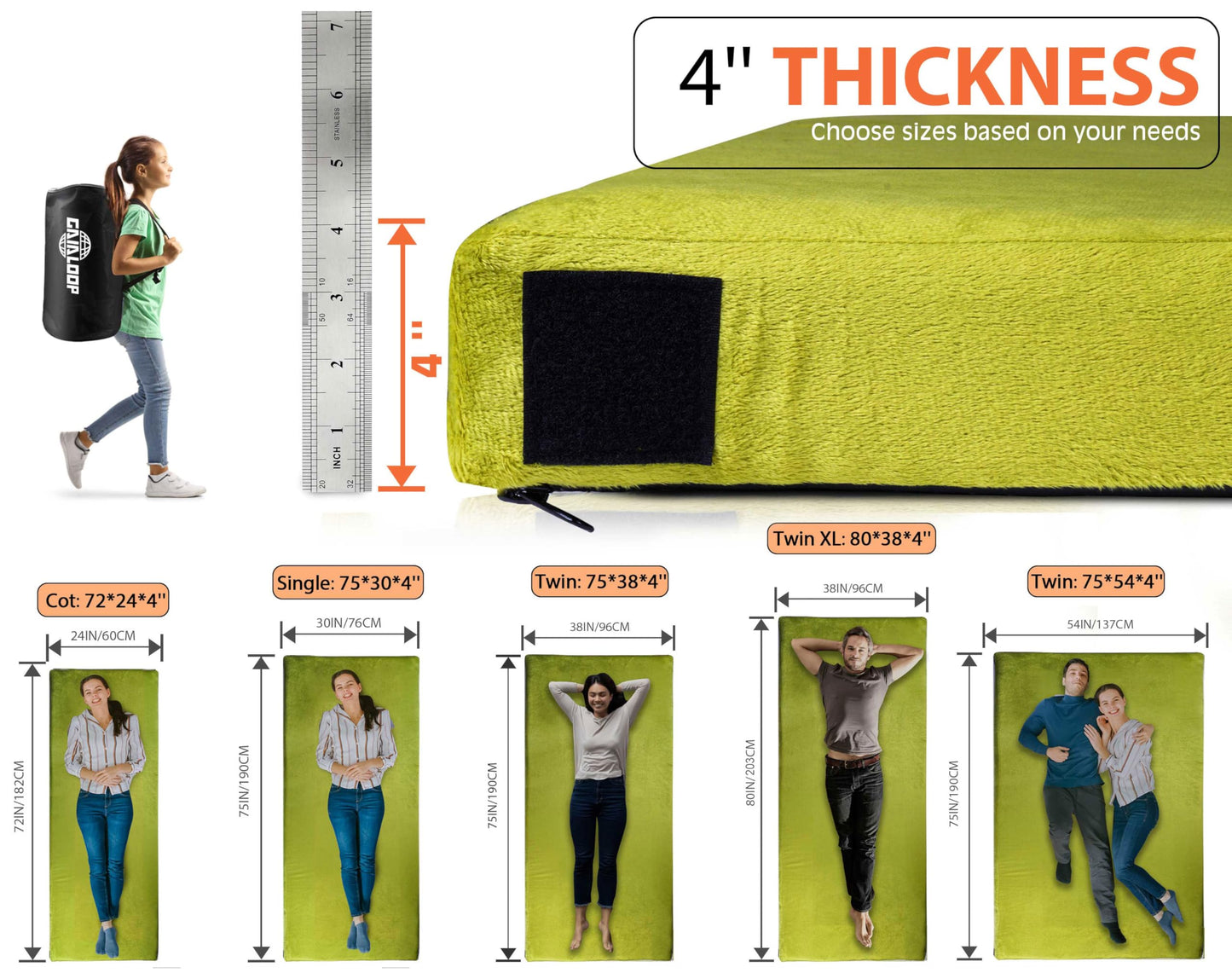 4 Inch GAIALOOP Extra Thick Memory Foam Camping Mattress, Roll Up Floor Sleeping Mat Camp Cot Mattress Pad Travel Camping Couch Bed for Guest Adults Side Sleepers