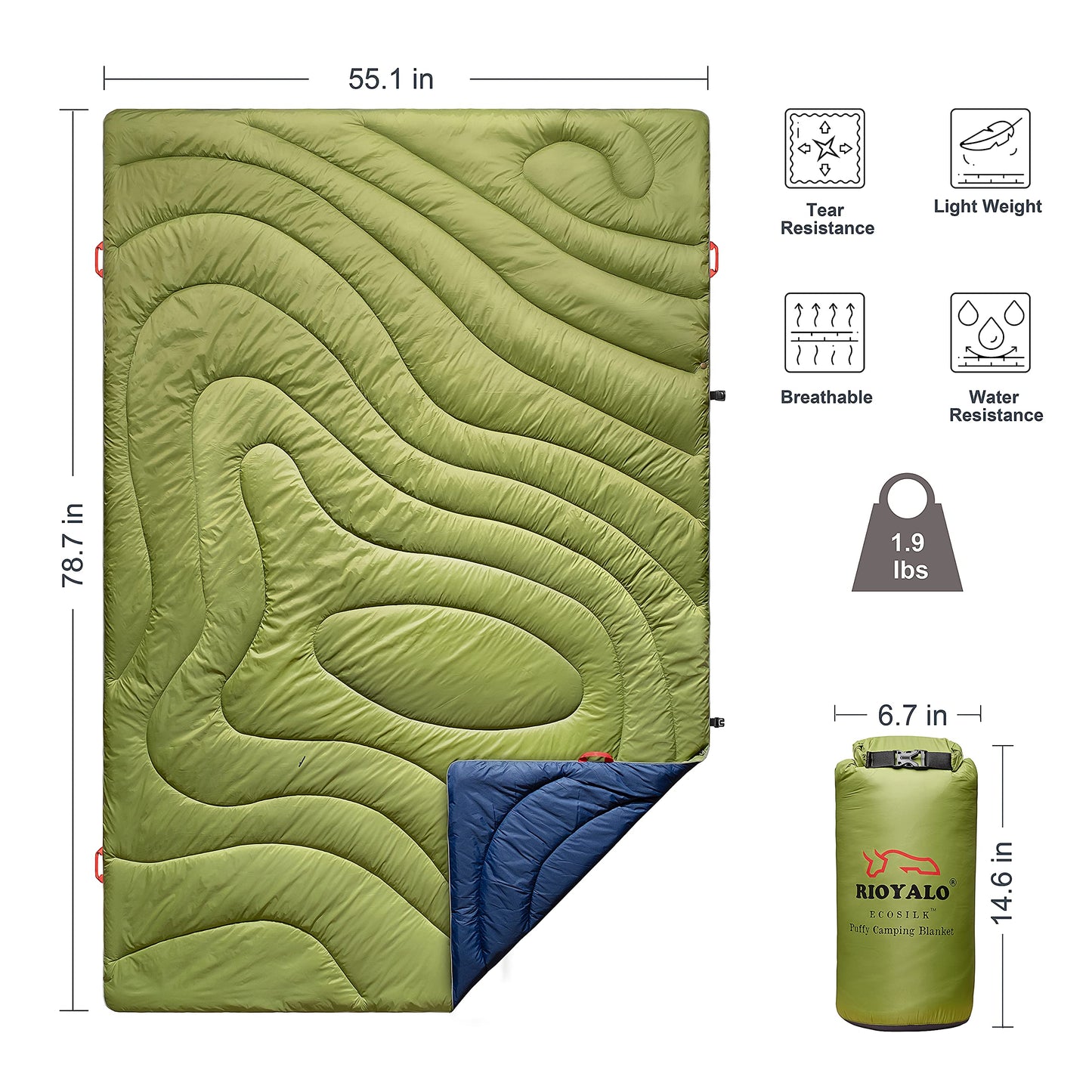 ECOSILK Outdoor Blanket Waterproof | XL Puffy Camping Blanket for Hiking Backpacking | Lightweight Packable Travel Cars Blanket w. Stuff Sack for Picnic Festival |55 X 79 in| Forest Camo…