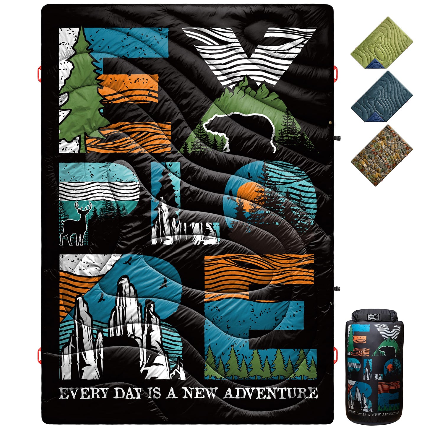 ECOSILK Outdoor Blanket Waterproof | XL Puffy Camping Blanket for Hiking Backpacking | Lightweight Packable Travel Cars Blanket w. Stuff Sack for Picnic Festival |55 X 79 in| Forest Camo…