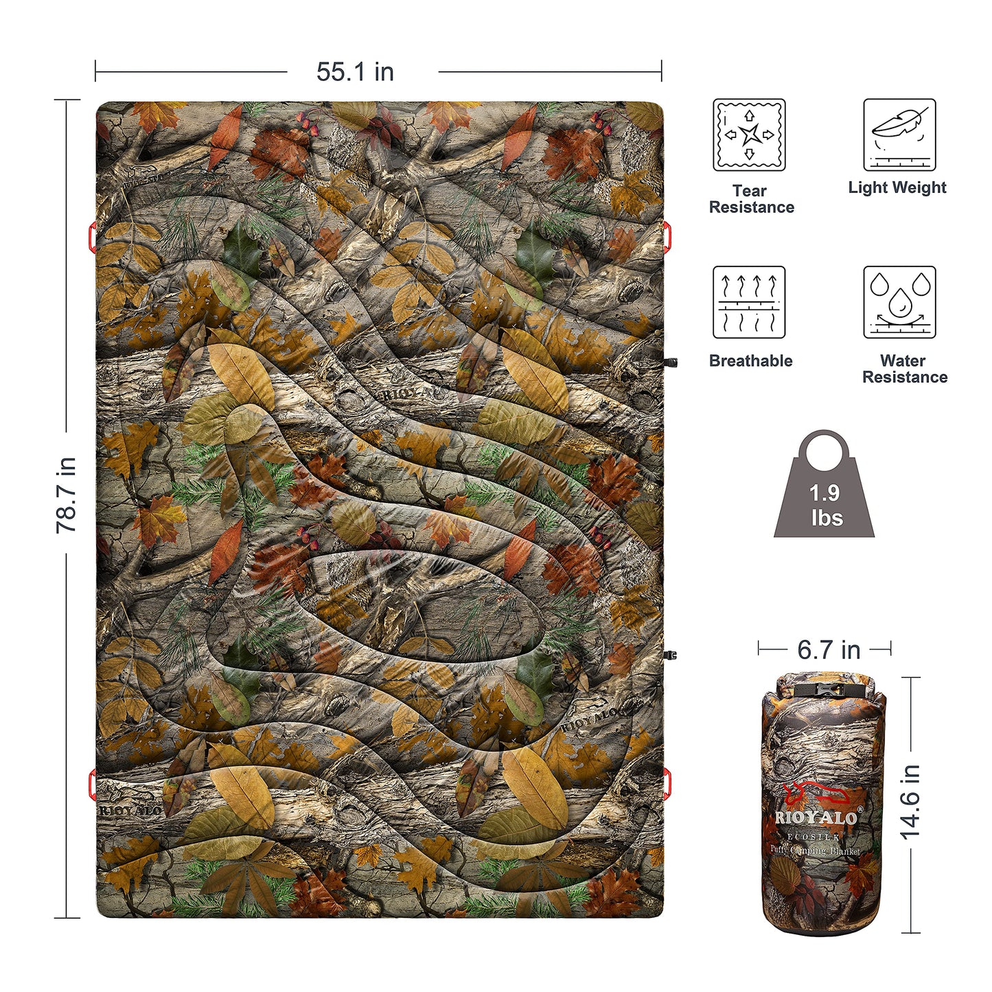 ECOSILK Outdoor Blanket Waterproof | XL Puffy Camping Blanket for Hiking Backpacking | Lightweight Packable Travel Cars Blanket w. Stuff Sack for Picnic Festival |55 X 79 in| Forest Camo…