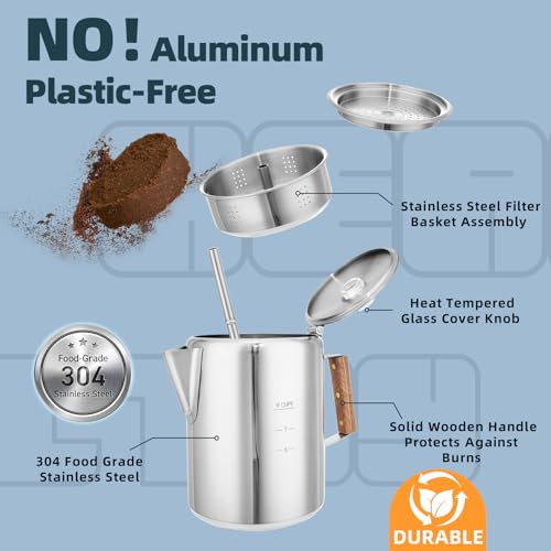 MEREZA Camping Coffee Pot Stovetop Coffee Maker Percolator Campfire Coffee Pot Stainless Steel Coffee Pot Camping Outdoors Home 9 Cup No Aluminum & Plastic Fast Brew