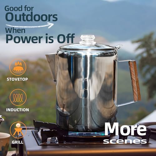 MEREZA Camping Coffee Pot Stovetop Coffee Maker Percolator Campfire Coffee Pot Stainless Steel Coffee Pot Camping Outdoors Home 9 Cup No Aluminum & Plastic Fast Brew