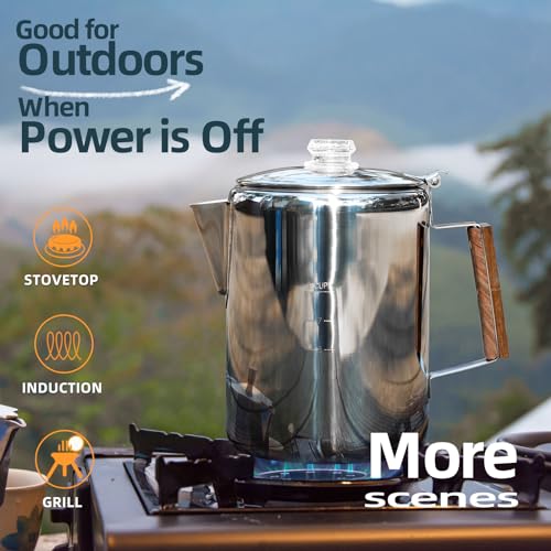 MEREZA Camping Coffee Pot Stovetop Coffee Maker Percolator Campfire Coffee Pot Stainless Steel Coffee Pot Camping Outdoors Home 9 Cup No Aluminum & Plastic Fast Brew