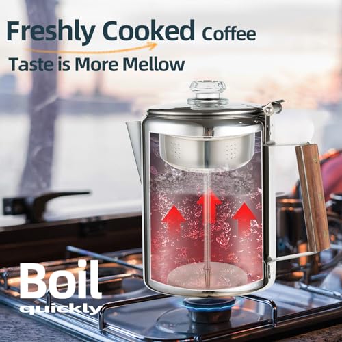 MEREZA Camping Coffee Pot Stovetop Coffee Maker Percolator Campfire Coffee Pot Stainless Steel Coffee Pot Camping Outdoors Home 9 Cup No Aluminum & Plastic Fast Brew
