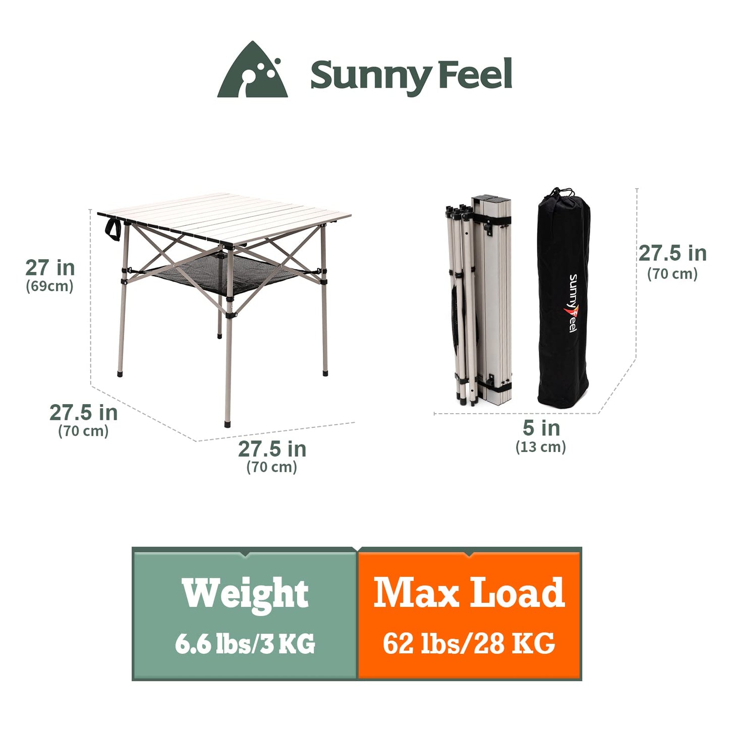 SUNNYFEEL Folding Camping Table - Lightweight Aluminum Portable Picnic Table, 18.5x18.5x24.5 Inch for Cooking, Beach, Hiking, Travel, Fishing, BBQ, Indoor Outdoor Small Foldable Camp Tables