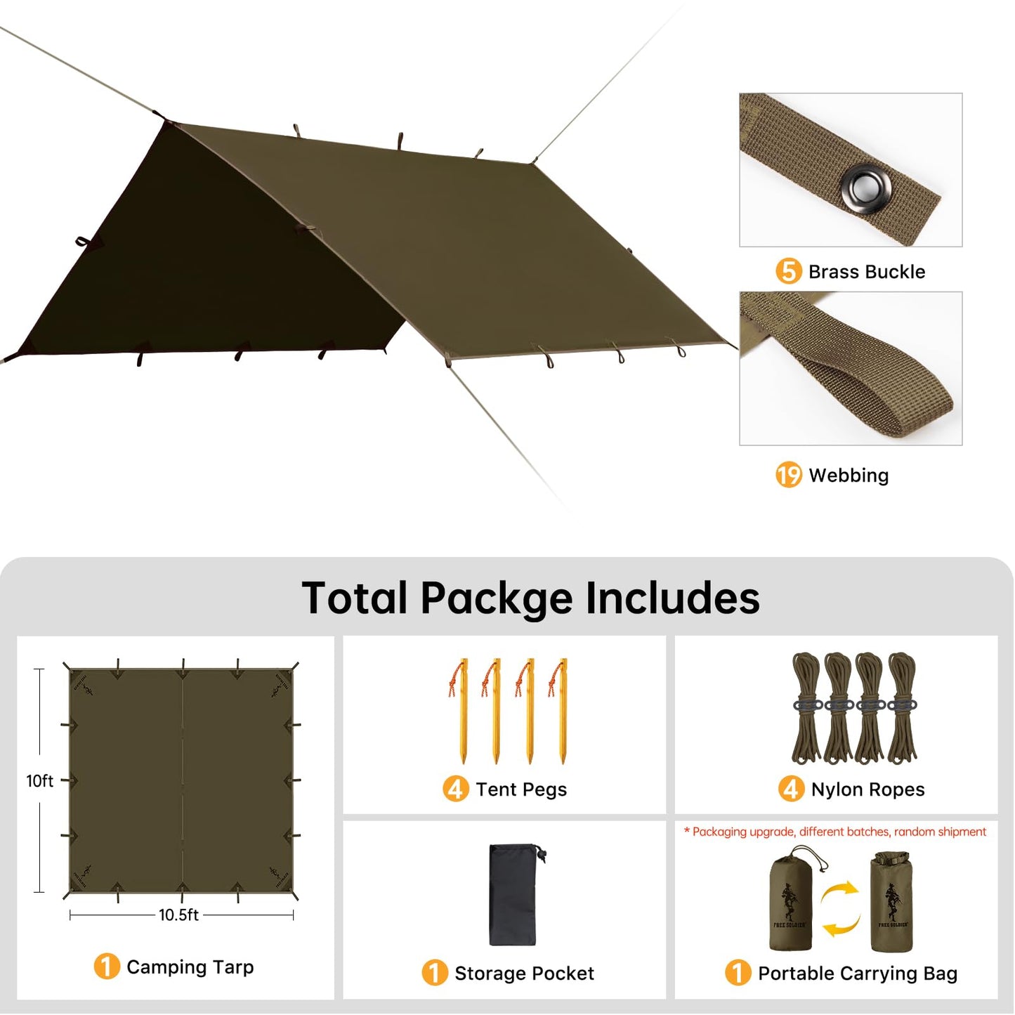 FREE SOLDIER Waterproof Portable Tarp Multifunctional Outdoor Camping Traveling Awning Backpacking Tarp Shelter Rain (Brown 10×10.5ft)