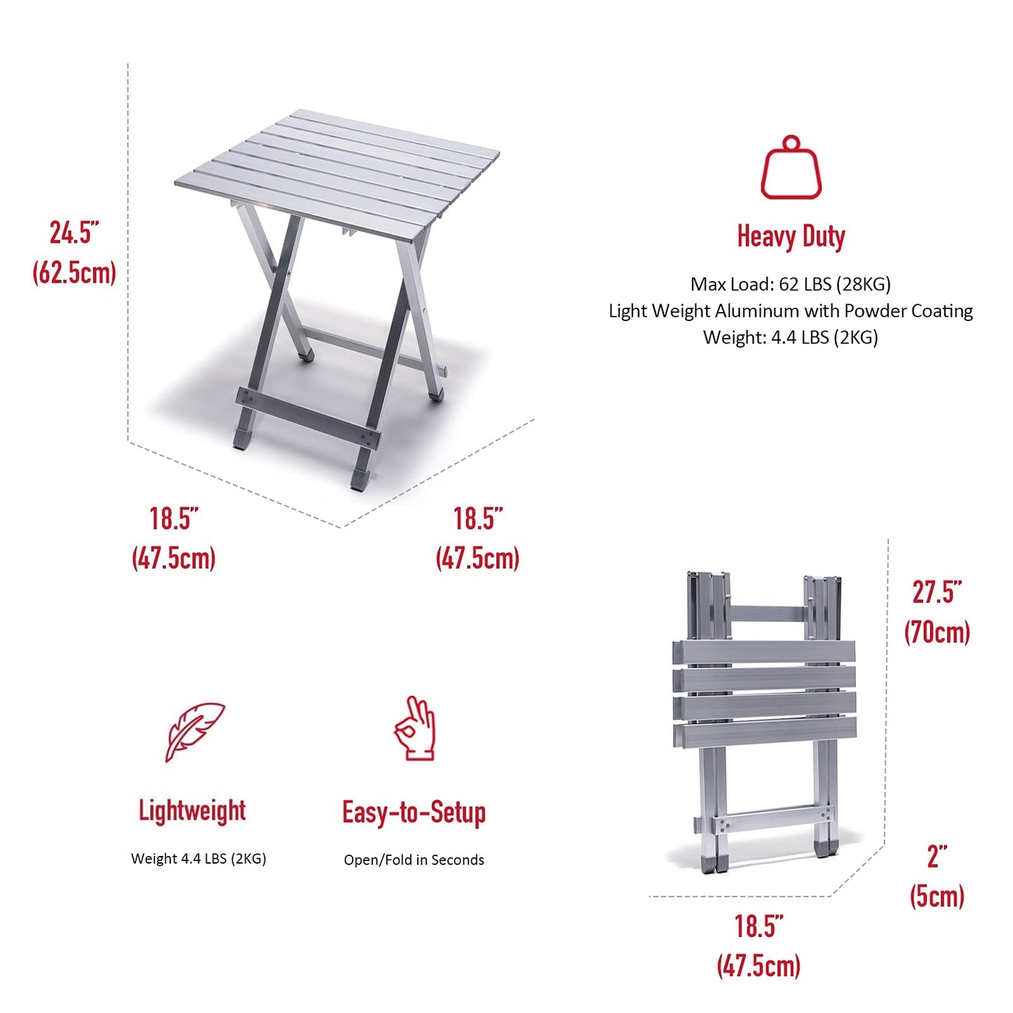 SUNNYFEEL Folding Camping Table - Lightweight Aluminum Portable Picnic Table, 18.5x18.5x24.5 Inch for Cooking, Beach, Hiking, Travel, Fishing, BBQ, Indoor Outdoor Small Foldable Camp Tables