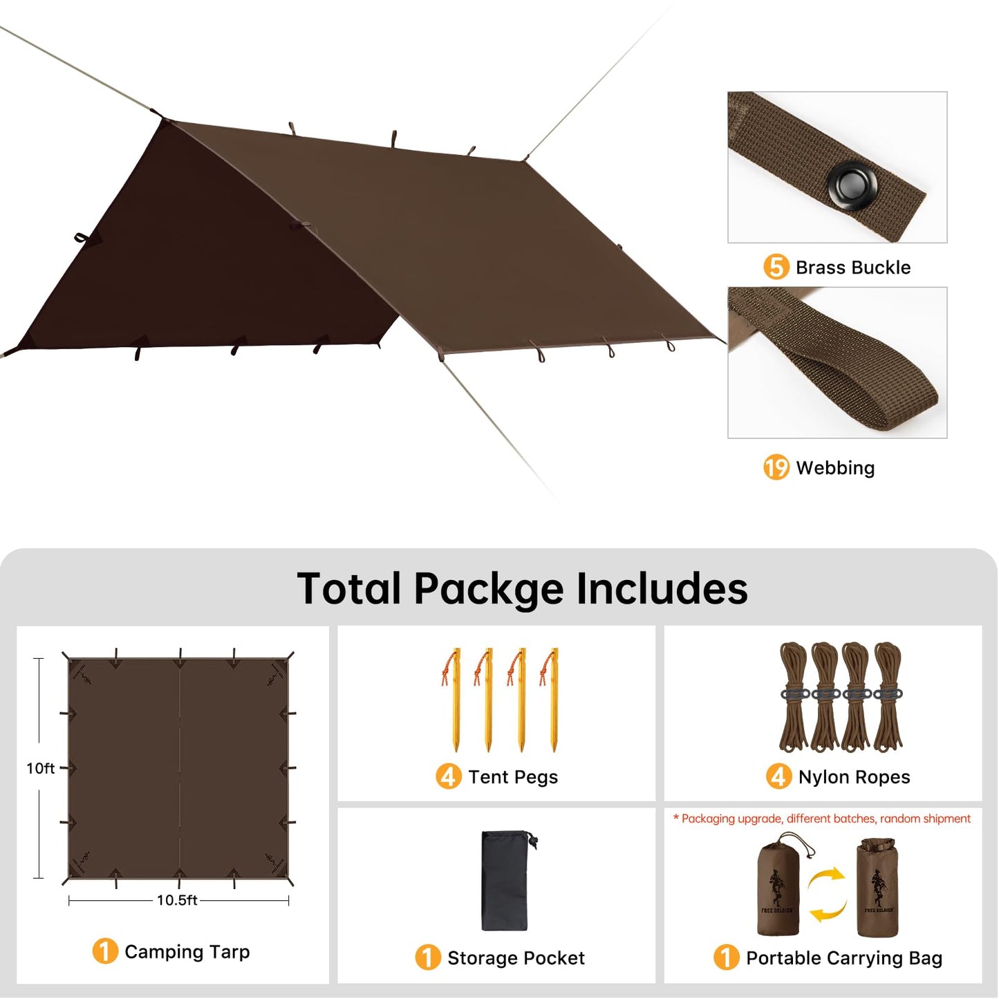 FREE SOLDIER Waterproof Portable Tarp Multifunctional Outdoor Camping Traveling Awning Backpacking Tarp Shelter Rain (Brown 10×10.5ft)