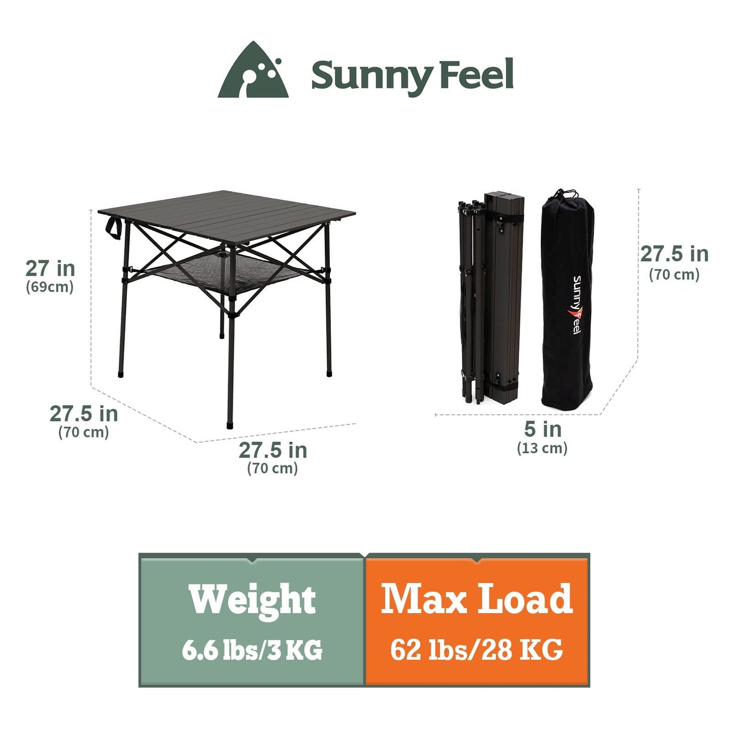 SUNNYFEEL Folding Camping Table - Lightweight Aluminum Portable Picnic Table, 18.5x18.5x24.5 Inch for Cooking, Beach, Hiking, Travel, Fishing, BBQ, Indoor Outdoor Small Foldable Camp Tables