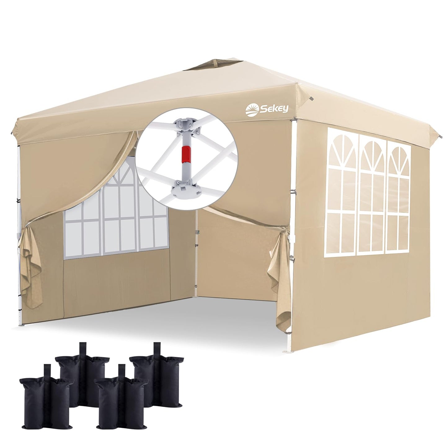 Sekey 10x10 Pop Up Canopy with 4 Sidewalls, One Push Setup Instant Outdoor Gazebo, Instant Easy Up Canopy with UPF50+ Top, 4 Weight Bags for Events, Beach, Patio, Camping