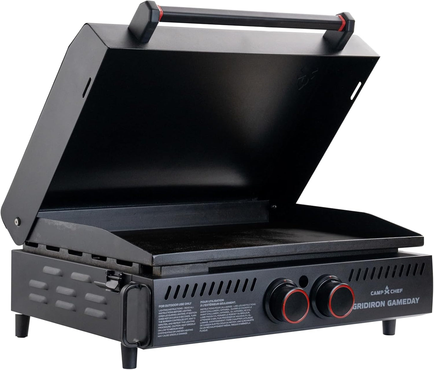 Gridiron Gameday 24" Portable Propane Grill – Flat Top Tabletop Griddle with Hinged Lid, 24,000 BTUs, Flamethrower Ignition, Dual Heat Zones, Adjustable Legs for Tailgating, Camping & Outdoor Cooking