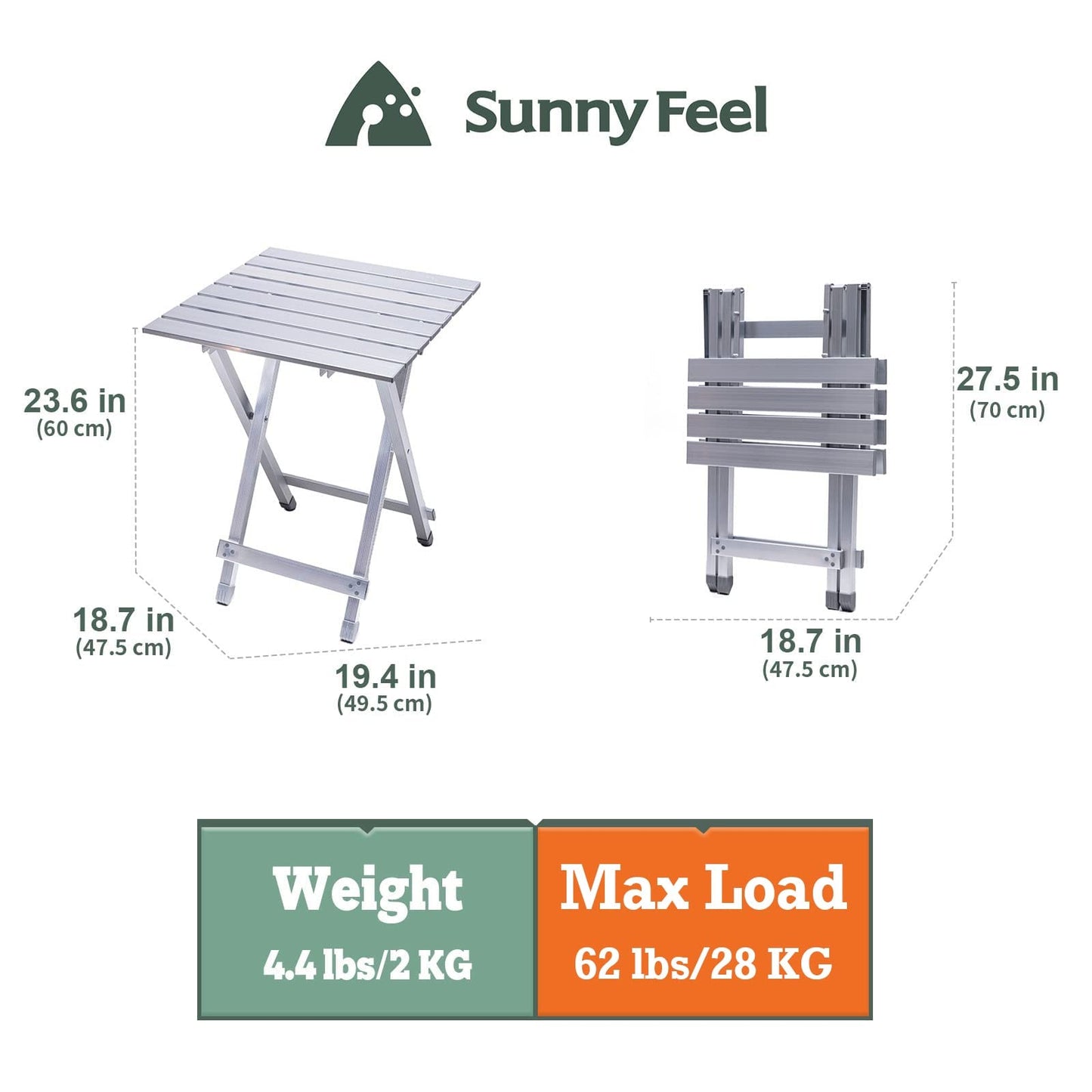 SUNNYFEEL Folding Camping Table - Lightweight Aluminum Portable Picnic Table, 18.5x18.5x24.5 Inch for Cooking, Beach, Hiking, Travel, Fishing, BBQ, Indoor Outdoor Small Foldable Camp Tables