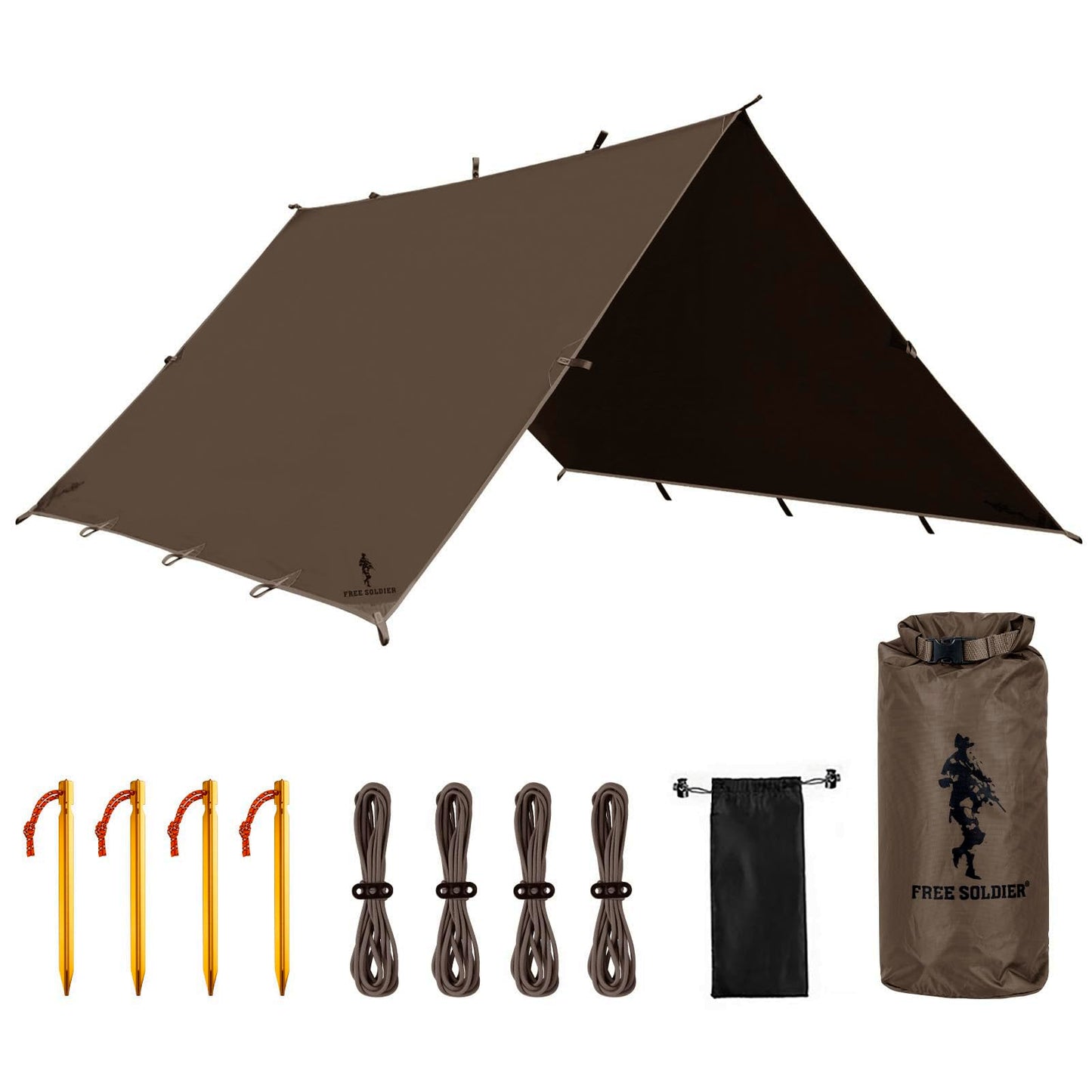 FREE SOLDIER Waterproof Portable Tarp Multifunctional Outdoor Camping Traveling Awning Backpacking Tarp Shelter Rain (Brown 10×10.5ft)