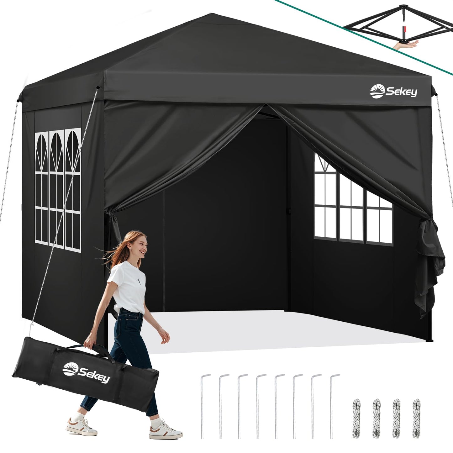 Sekey 10x10 Pop Up Canopy with 4 Sidewalls, One Push Setup Instant Outdoor Gazebo, Instant Easy Up Canopy with UPF50+ Top, 4 Weight Bags for Events, Beach, Patio, Camping