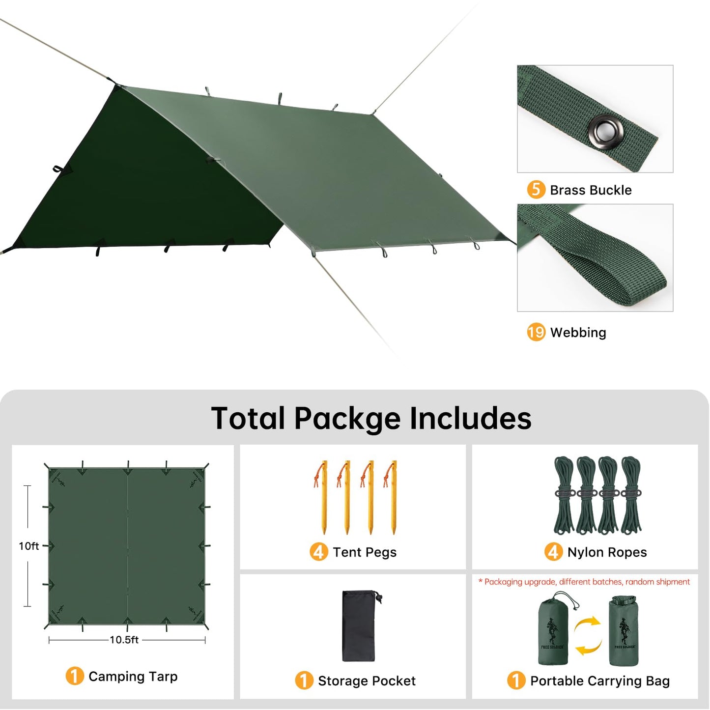 FREE SOLDIER Waterproof Portable Tarp Multifunctional Outdoor Camping Traveling Awning Backpacking Tarp Shelter Rain (Brown 10×10.5ft)