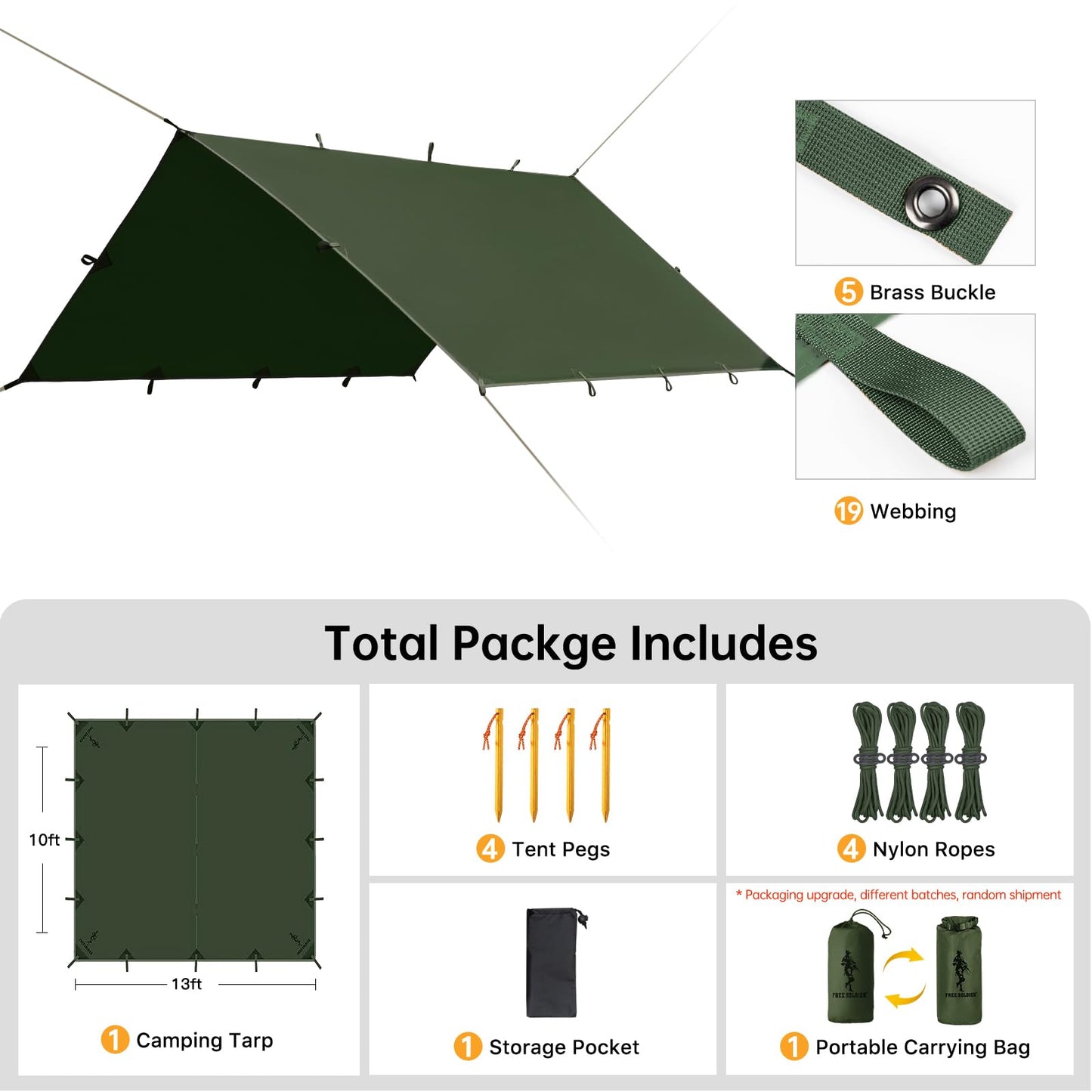 FREE SOLDIER Waterproof Portable Tarp Multifunctional Outdoor Camping Traveling Awning Backpacking Tarp Shelter Rain (Brown 10×10.5ft)