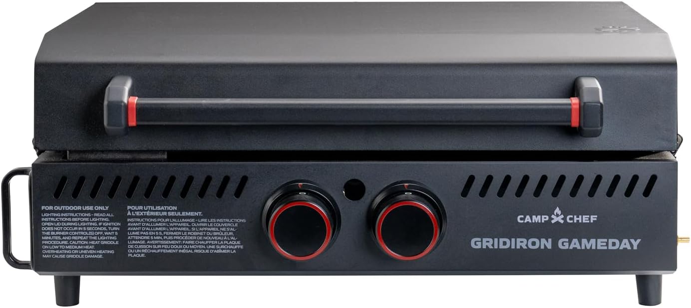 Gridiron Gameday 24" Portable Propane Grill – Flat Top Tabletop Griddle with Hinged Lid, 24,000 BTUs, Flamethrower Ignition, Dual Heat Zones, Adjustable Legs for Tailgating, Camping & Outdoor Cooking