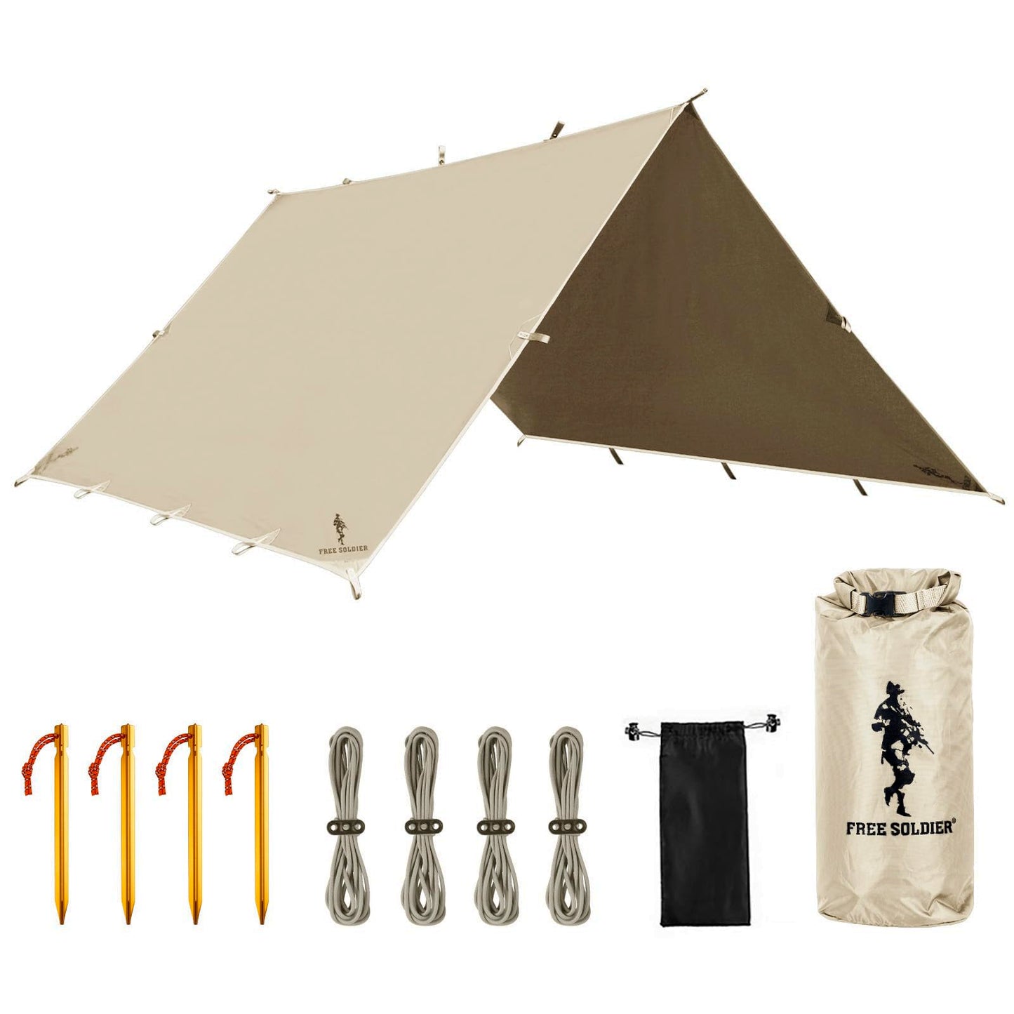 FREE SOLDIER Waterproof Portable Tarp Multifunctional Outdoor Camping Traveling Awning Backpacking Tarp Shelter Rain (Brown 10×10.5ft)