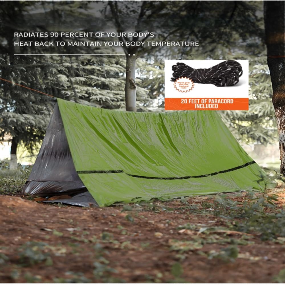 Emergency Survival Tent. 2-Person Tube Shelter Waterproof & Windproof Reusable Thermal Blanket Compact,Lightweight Includes SOS Whistle Perfect for Camping, Hiking, and Emergencies.