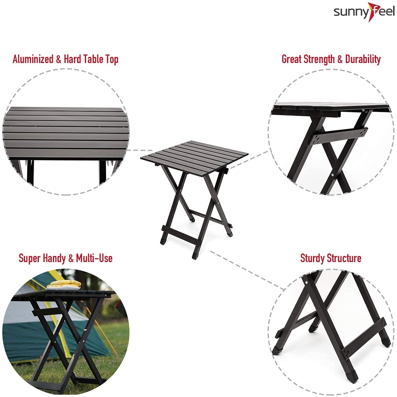 SUNNYFEEL Folding Camping Table - Lightweight Aluminum Portable Picnic Table, 18.5x18.5x24.5 Inch for Cooking, Beach, Hiking, Travel, Fishing, BBQ, Indoor Outdoor Small Foldable Camp Tables