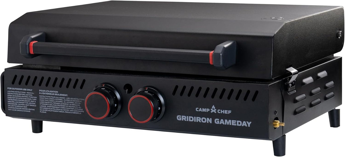 Gridiron Gameday 24" Portable Propane Grill – Flat Top Tabletop Griddle with Hinged Lid, 24,000 BTUs, Flamethrower Ignition, Dual Heat Zones, Adjustable Legs for Tailgating, Camping & Outdoor Cooking