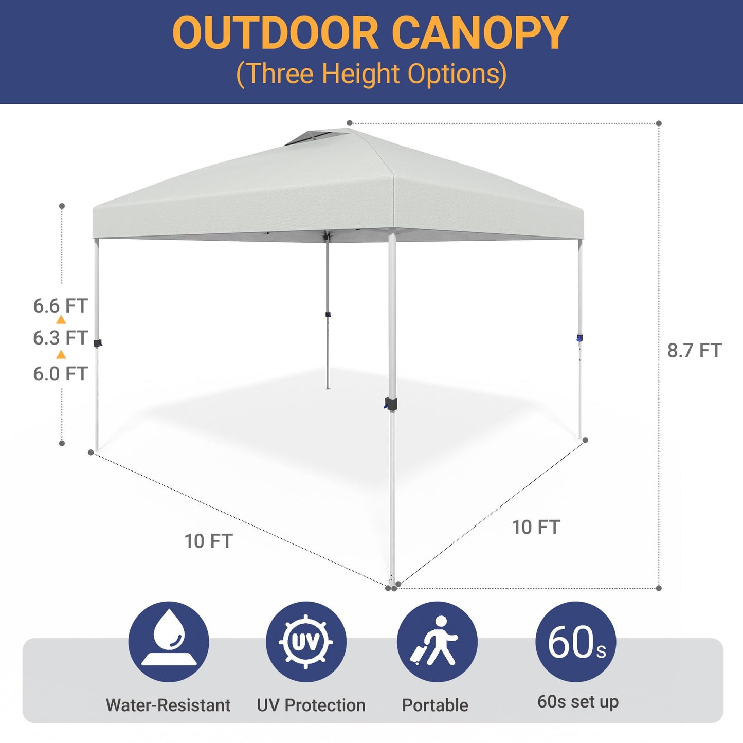 10x10 Pop Up Canopy - Instant Setup Beach Tent with Wheeled Carry Bag, 8 Sandbags & 4 Guy Lines - Portable Sun Shade for Camping, Events, Silver Coated Top, White