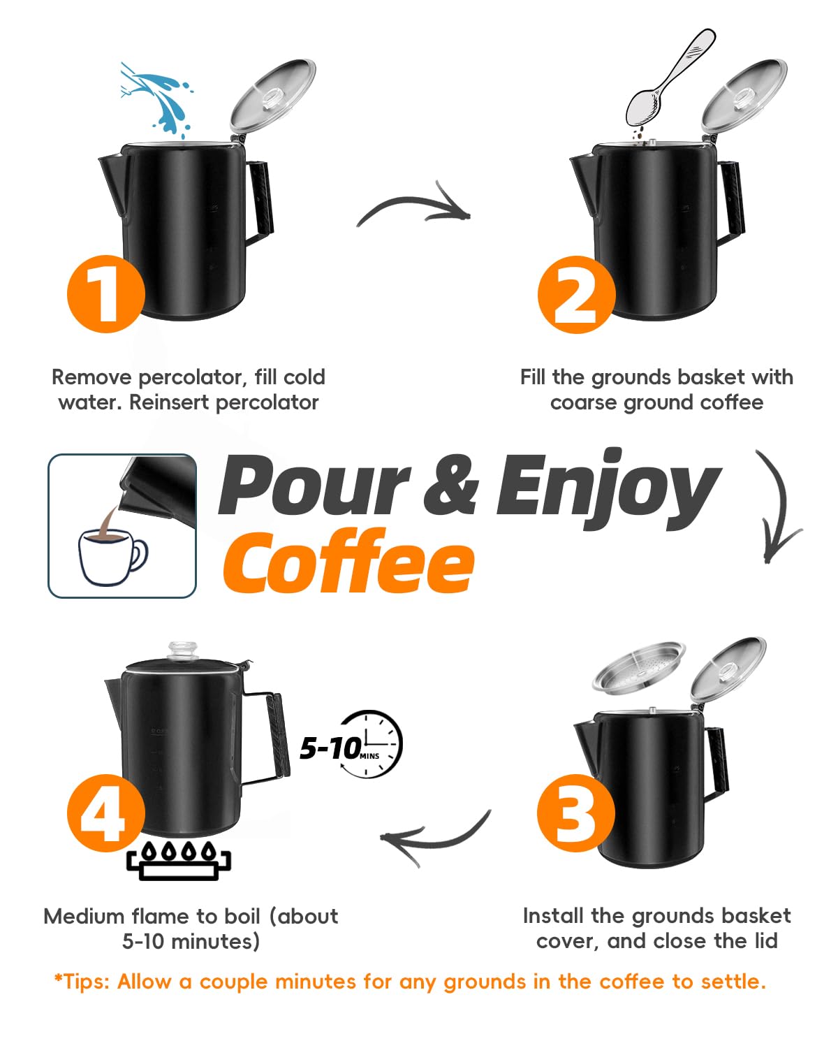 MEREZA Camping Coffee Pot Stovetop Coffee Maker Percolator Campfire Coffee Pot Stainless Steel Coffee Pot Camping Outdoors Home 9 Cup No Aluminum & Plastic Fast Brew