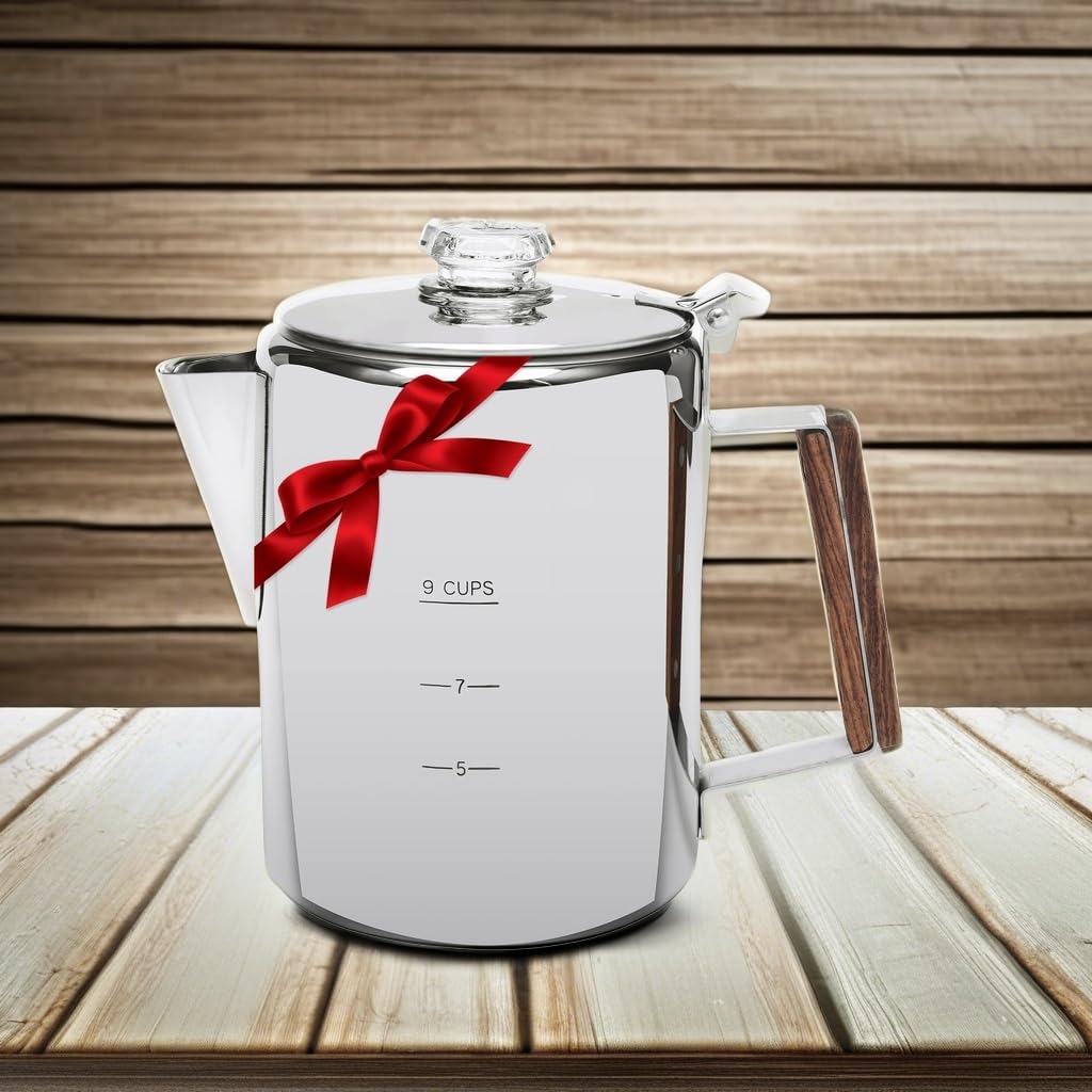 MEREZA Camping Coffee Pot Stovetop Coffee Maker Percolator Campfire Coffee Pot Stainless Steel Coffee Pot Camping Outdoors Home 9 Cup No Aluminum & Plastic Fast Brew