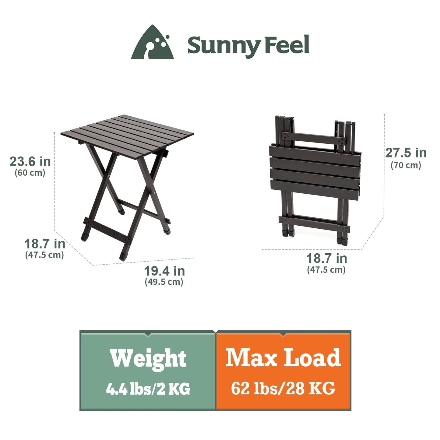 SUNNYFEEL Folding Camping Table - Lightweight Aluminum Portable Picnic Table, 18.5x18.5x24.5 Inch for Cooking, Beach, Hiking, Travel, Fishing, BBQ, Indoor Outdoor Small Foldable Camp Tables