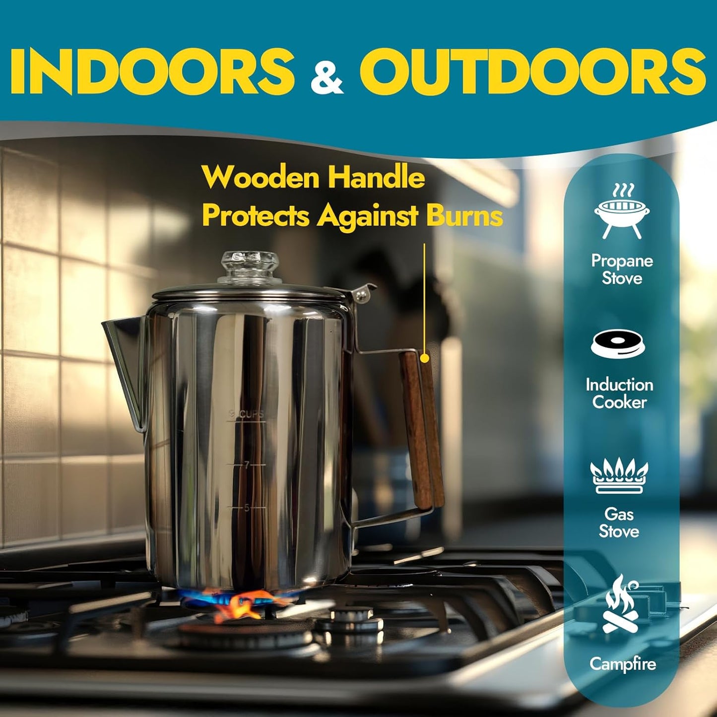 CANWAY Percolator Coffee Pot & Portable Camping Stove Set for Backpacking Hiking Stainless Steel Mini Wood Burning Stove 9 CUP Camping Stovetop Coffee Maker Outdoor Home with Carry Bag