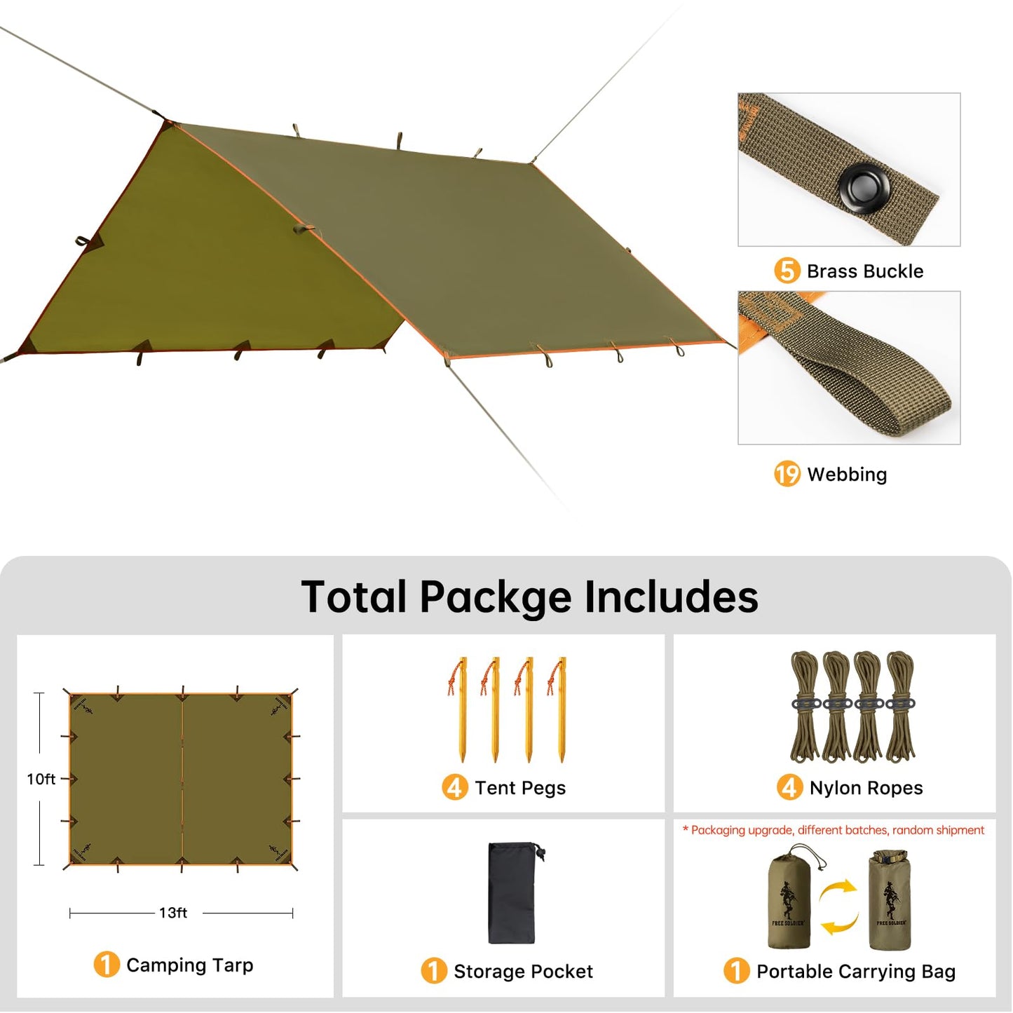 FREE SOLDIER Waterproof Portable Tarp Multifunctional Outdoor Camping Traveling Awning Backpacking Tarp Shelter Rain (Brown 10×10.5ft)