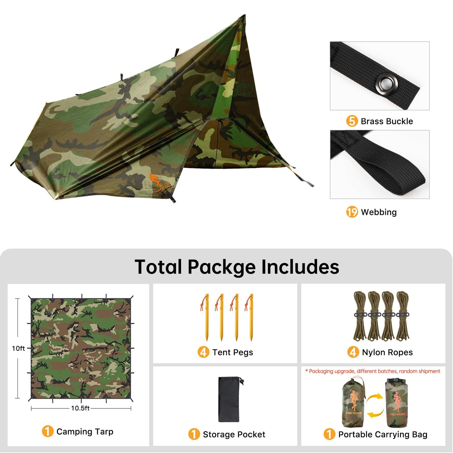 FREE SOLDIER Waterproof Portable Tarp Multifunctional Outdoor Camping Traveling Awning Backpacking Tarp Shelter Rain (Brown 10×10.5ft)