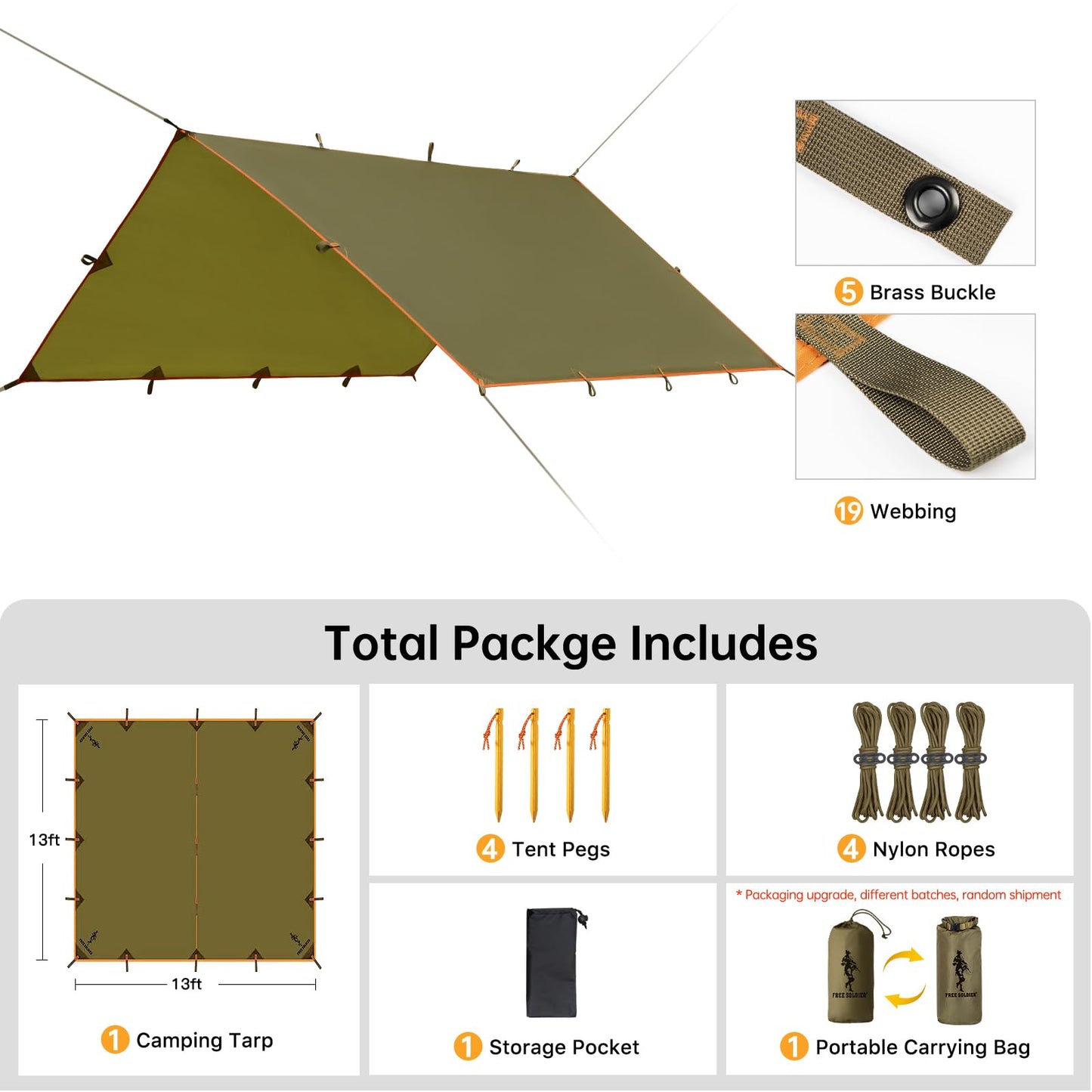 FREE SOLDIER Waterproof Portable Tarp Multifunctional Outdoor Camping Traveling Awning Backpacking Tarp Shelter Rain (Brown 10×10.5ft)