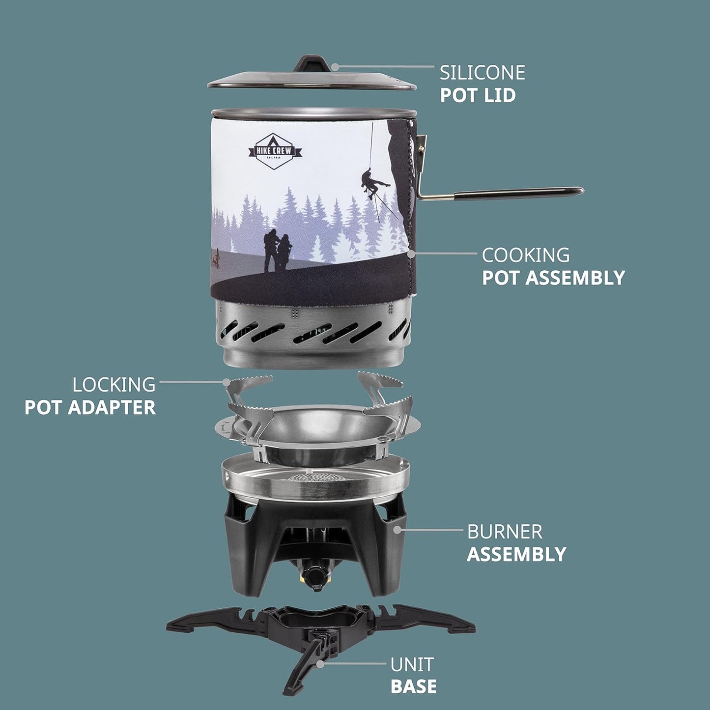 HikeCrew Portable Gas Powered Stove top & Cooking System, Compact Camping Cooktop with 1L Pot, Silicone Lid, Folding Handle & Carry Bag, Perfect for Camping, Hiking, Backpacking, Survival & Emergenc
