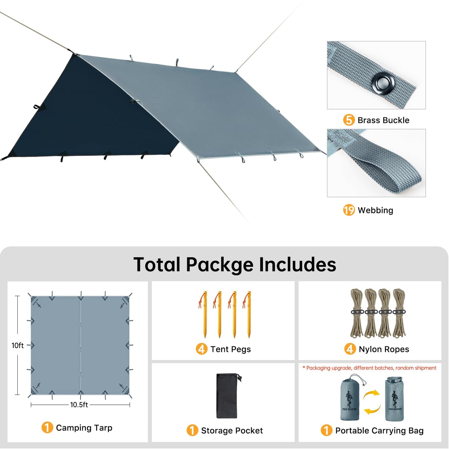 FREE SOLDIER Waterproof Portable Tarp Multifunctional Outdoor Camping Traveling Awning Backpacking Tarp Shelter Rain (Brown 10×10.5ft)