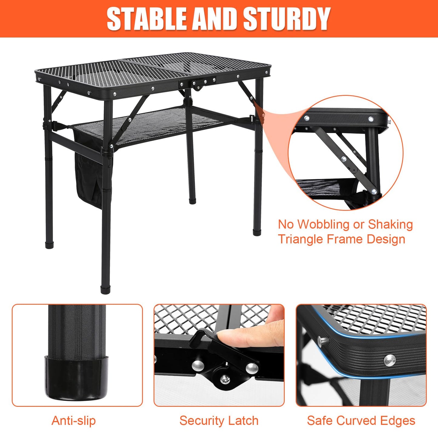 QuliMetal Small Portable Folding Grill Table with Adjustable Height & Mesh Desktop, Lightweight Camping Table – Perfect for BBQ, Picnic, Beach, & Indoor Use – Compact, Durable & Easy to Carry, Black