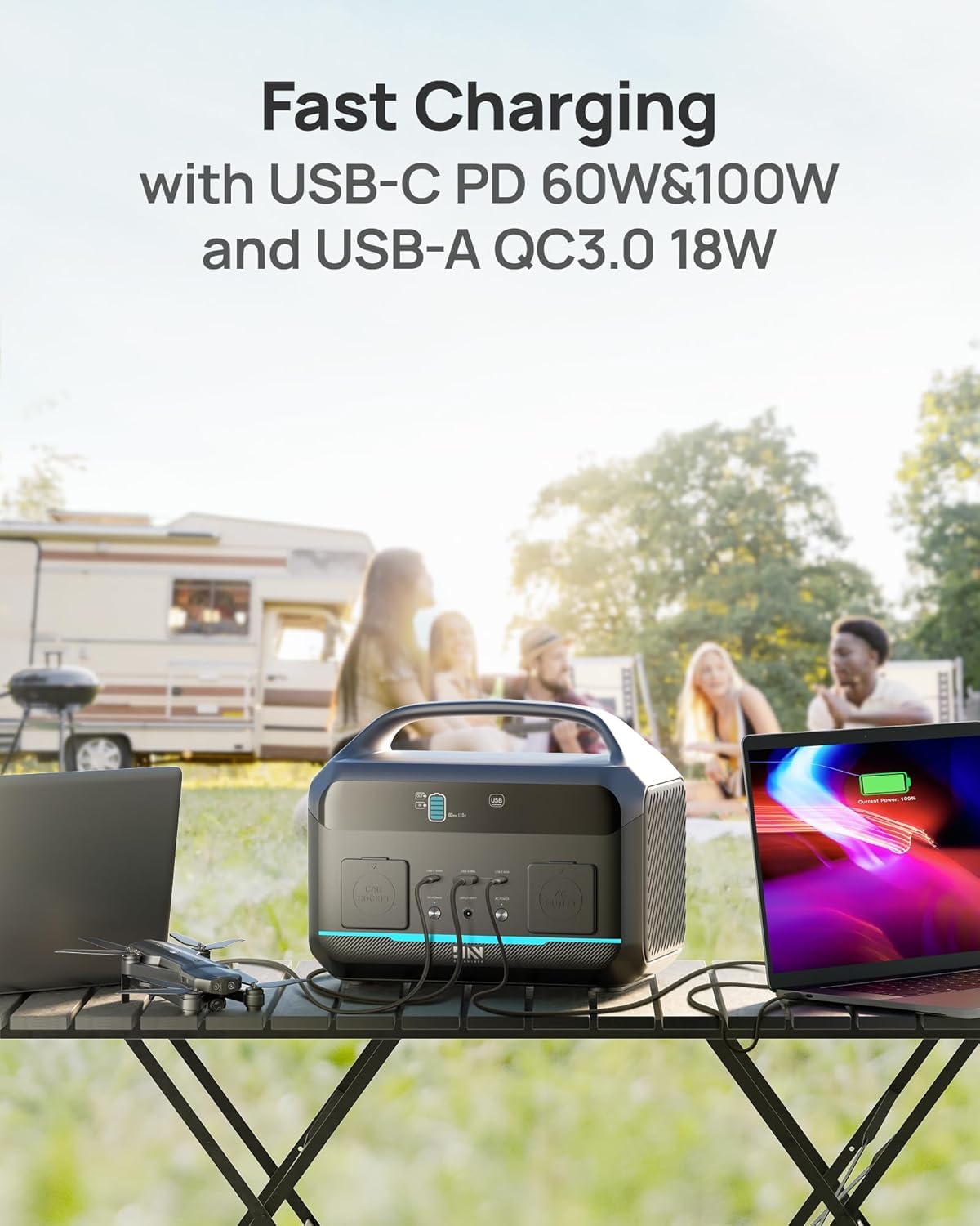 Portable Power Station, Outdoor 288Wh(90,000mAh) LiFePO4 Battery, 600W(1200W Surge) AC Outlets, 1.7H Fast Charging Solar Generator for Camping, RV Travel, Home Use（Solar Optional)