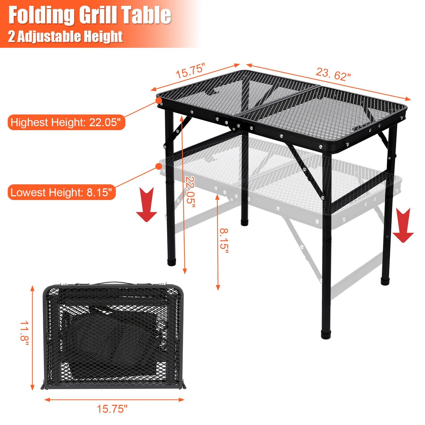 QuliMetal Small Portable Folding Grill Table with Adjustable Height & Mesh Desktop, Lightweight Camping Table – Perfect for BBQ, Picnic, Beach, & Indoor Use – Compact, Durable & Easy to Carry, Black